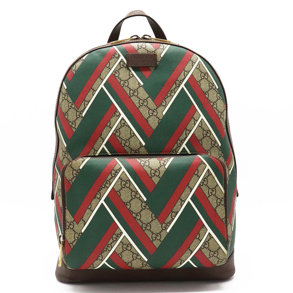 Gucci GG Supreme Chevron Backpack Leather Beige Brown Cream Green Red